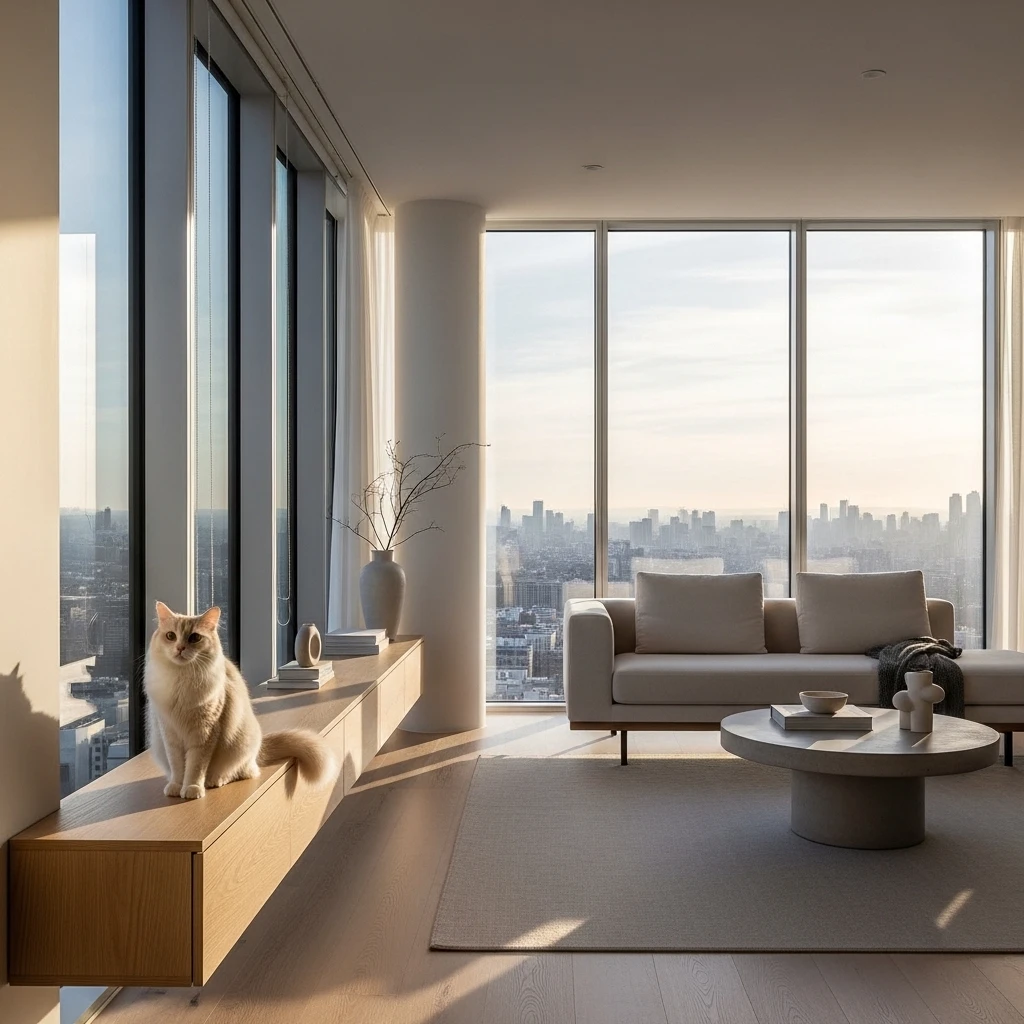  A cat in a perfectly integrated minimalist home, showcasing the harmony of feline-centric design in a clean, modern space.