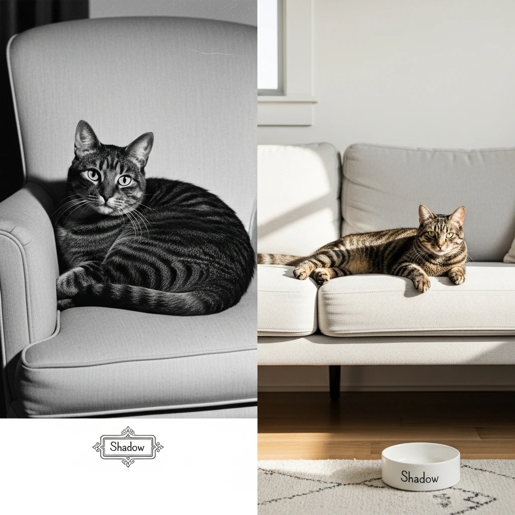 A timeless cat name like "Shadow" fitting cats across different eras, demonstrating enduring appeal.