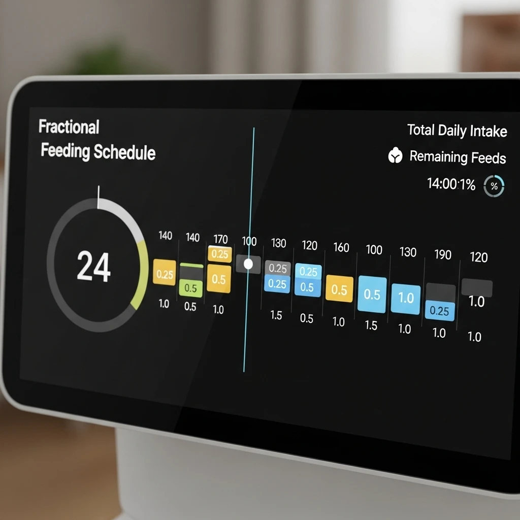 Smart feeder programming interface showing biologically-aligned fractional feeding schedule for cats