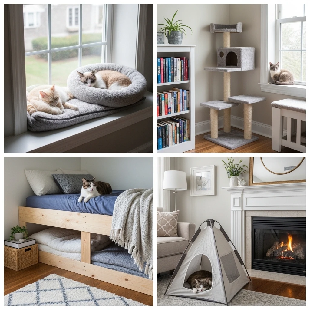 Collage showing implementation of cozy spaces cats love most in living room, bedroom, office, and bathroom settings