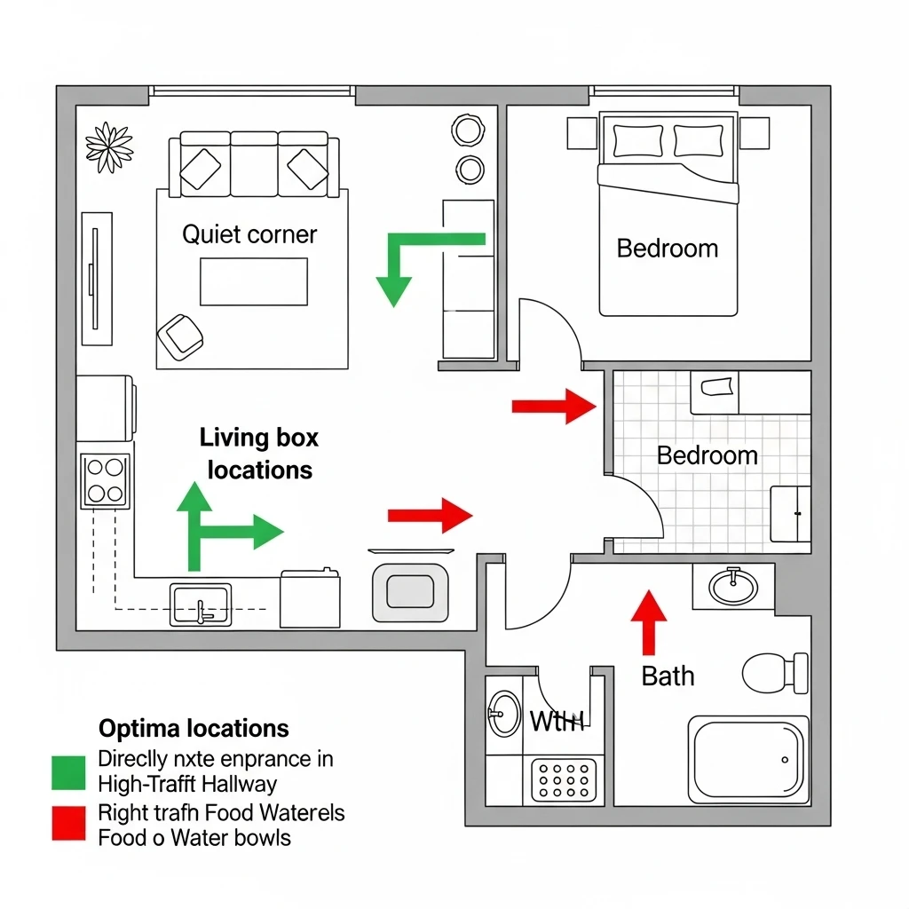 Diagram showing ideal litter box placement away from food and high-traffic areas