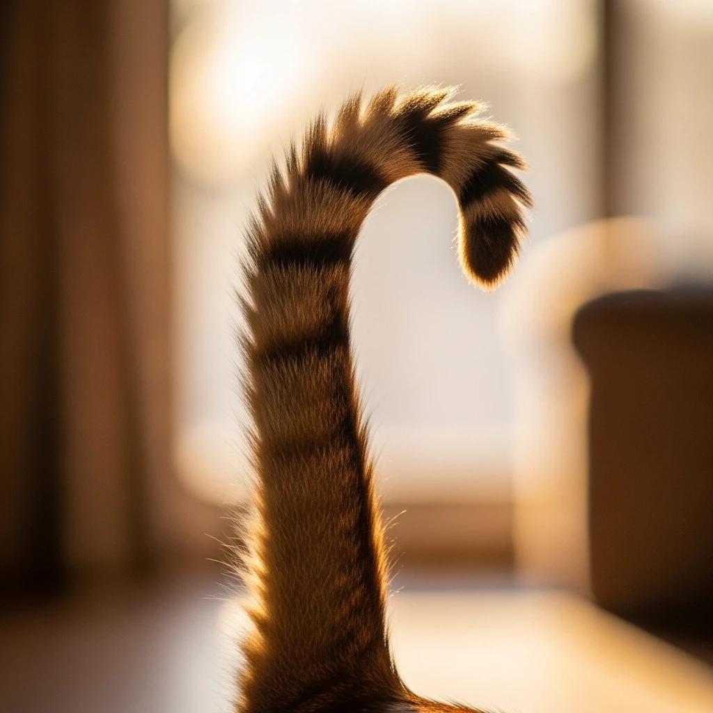 Cat tail language, upright curved position indicating happiness