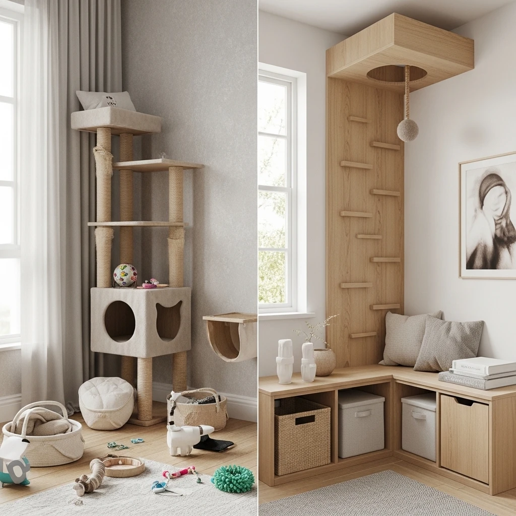 Before and after transformation of a cat corner into an aesthetic home space