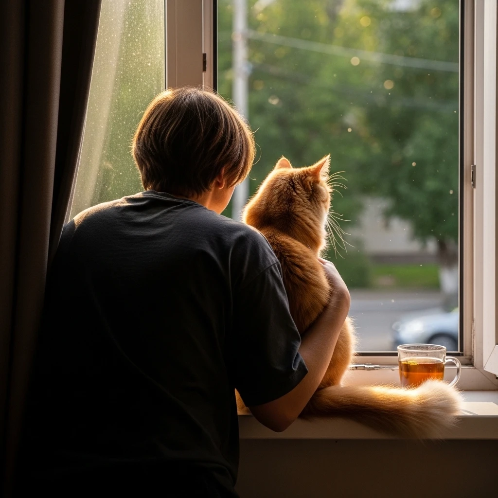 Human and cat companion sharing a quiet moment together, representing feline emotional support