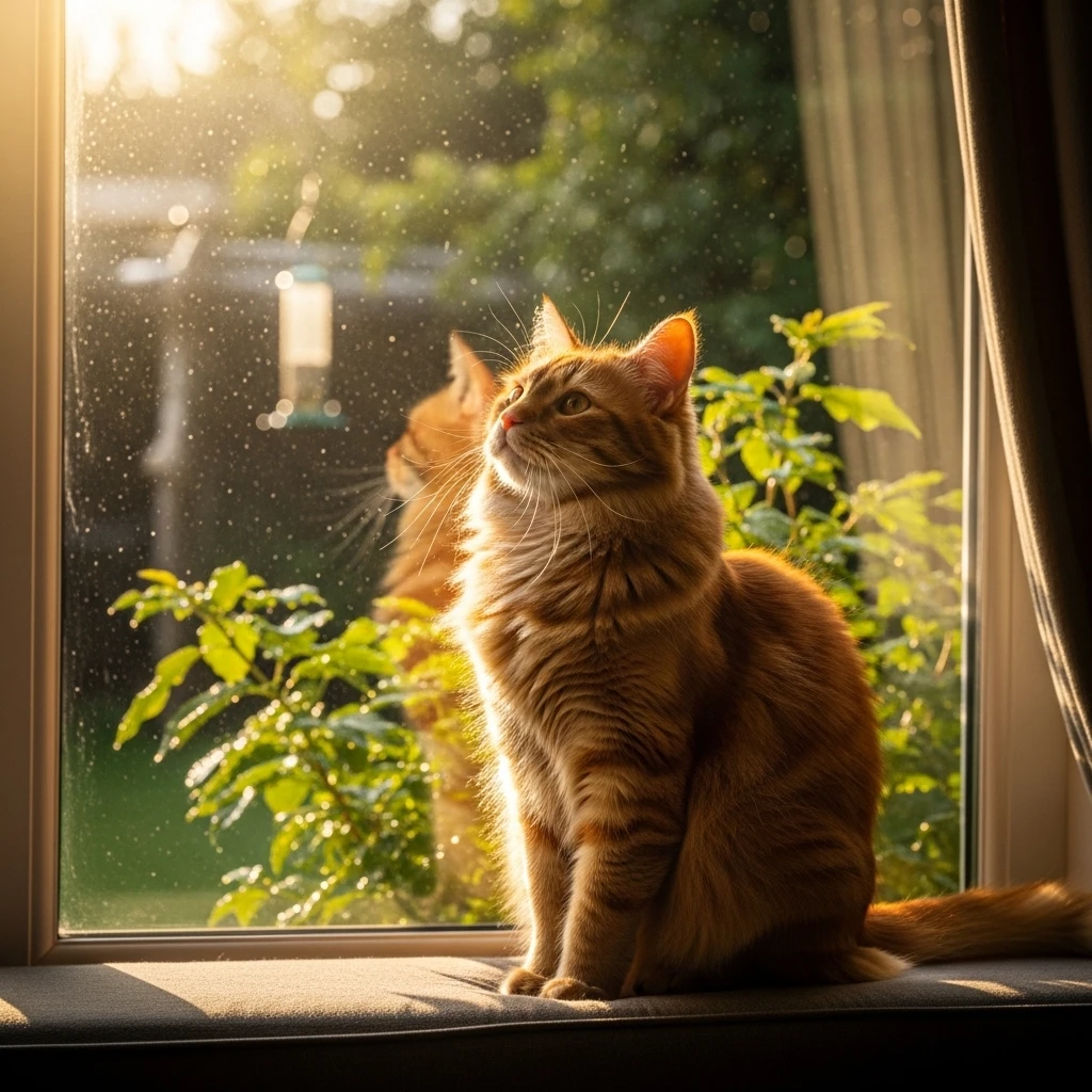 A calm tabby cat establishing the morning routine by a sunny window, demonstrating how cats create peaceful daily rhythms.