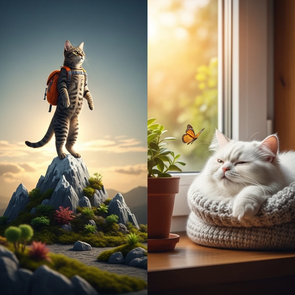 Visual comparison between a confident explorer cat posture and a gentle observer cat posture.