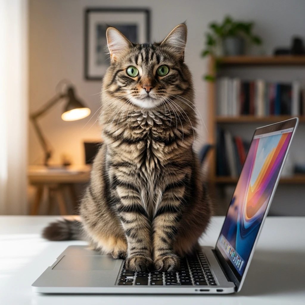 Tabby cat sitting on laptop keyboard interrupting work
