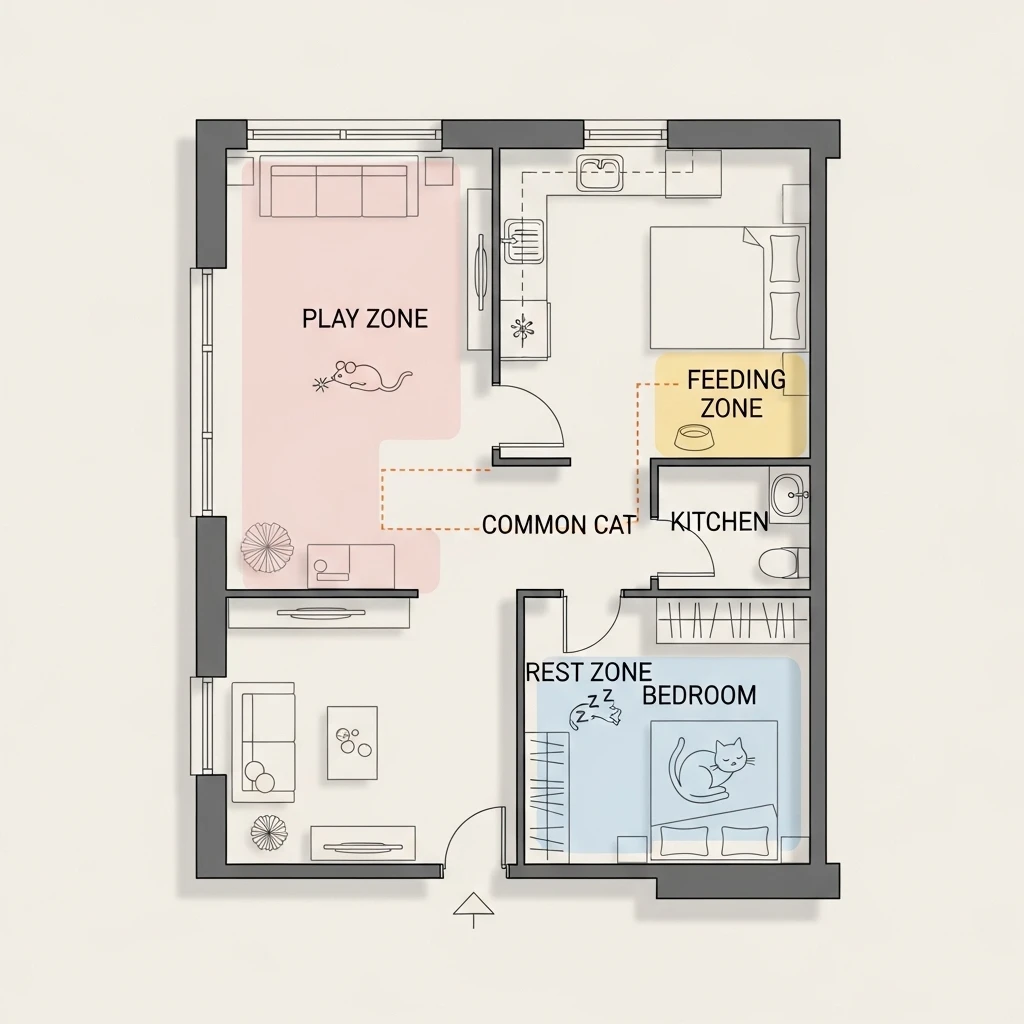 Cat-friendly home floor plan showing optimal zoning for feeding, resting, play, and litter areas
