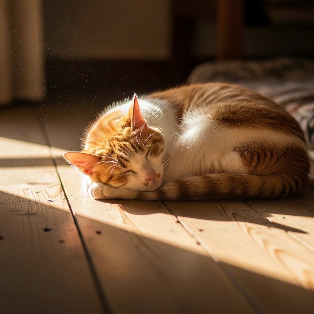 Calico cat sleeping peacefully in sunlight, demonstrating feline tranquility