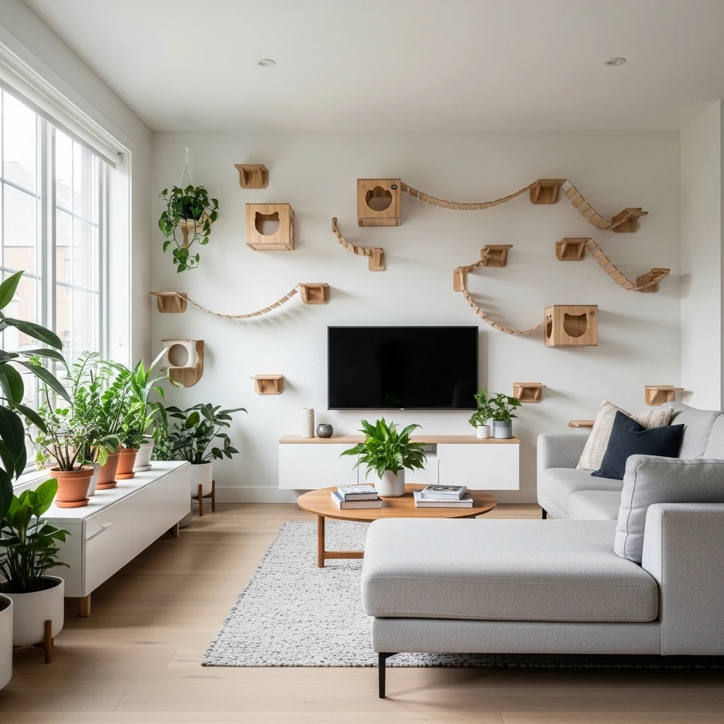 Modern living room with integrated cat wall shelves creating vertical pathways