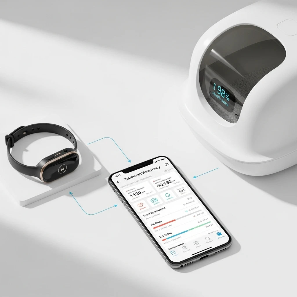  A collection of pet health tech devices including a GPS tracker and smart litter box, showcasing tools for proactive feline wellness.