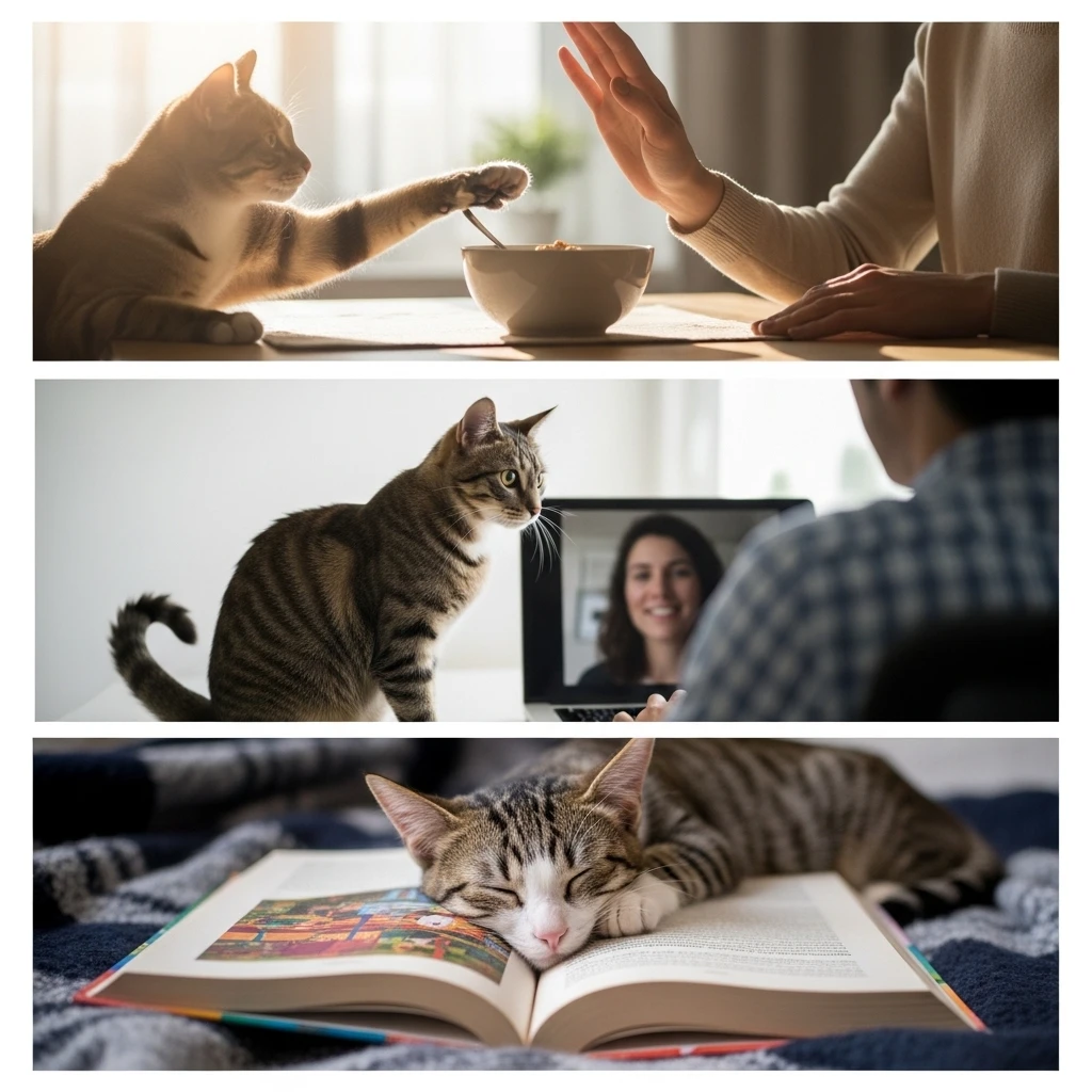 Collage of cats interrupting eating, video calls, and reading