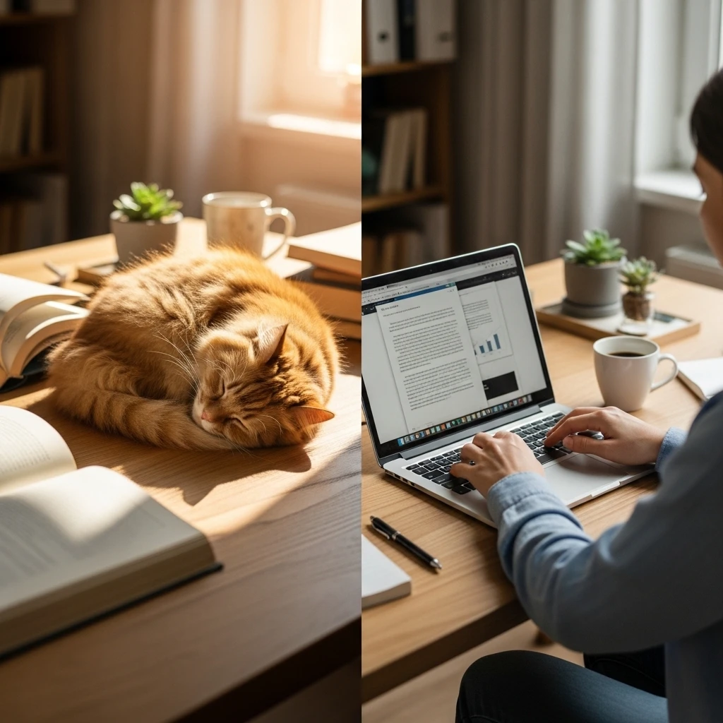  A cat’s daytime nap cycle promoting a balanced work-rest routine for their owner.