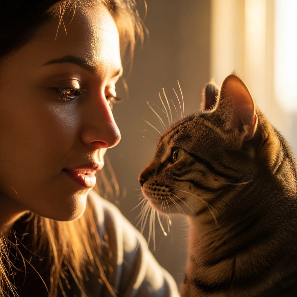 Owner bonding with cat while teaching name recognition through positive interaction.