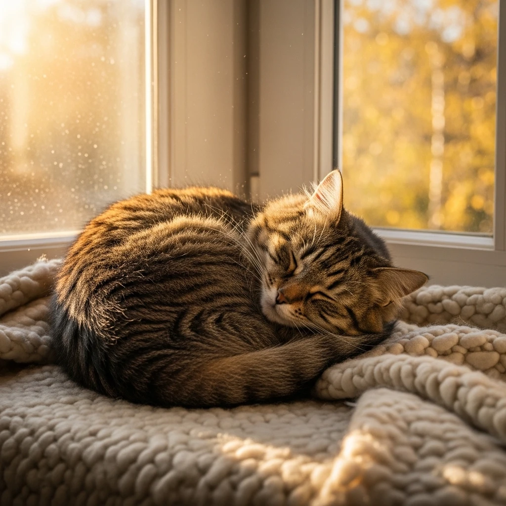 A contented cat demonstrates the perfect cozy space with warmth, soft textures, and elevated security