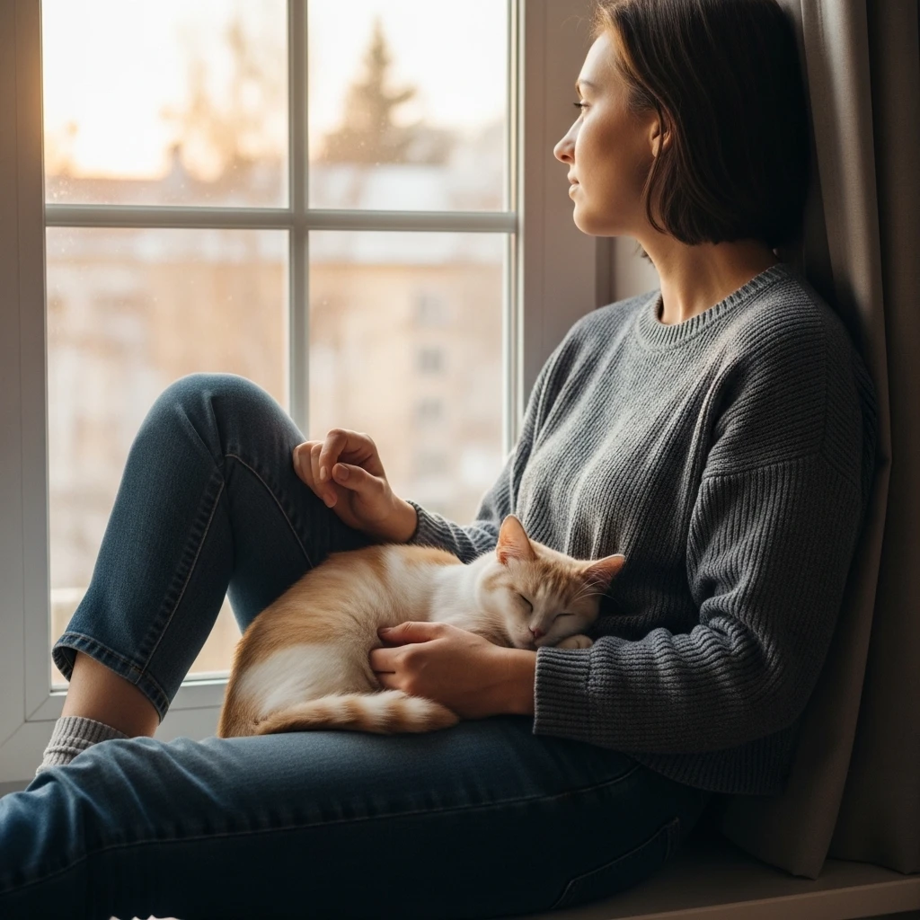 Person and sleeping Munchkin cat sharing window seat without interaction, illustrating undisturbed calm cat moments