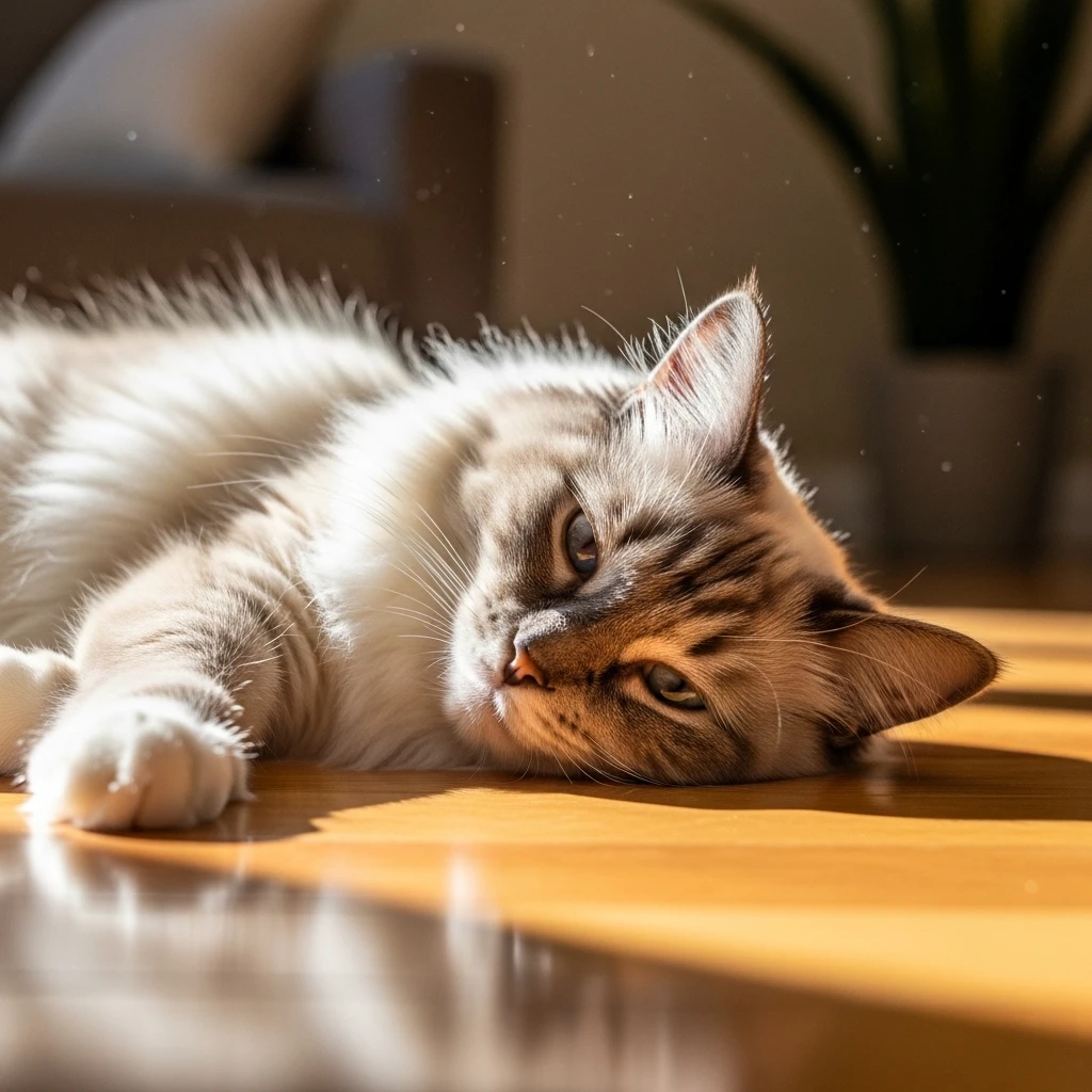 A calm, fluffy cat resting peacefully in a patch of sunlight, embodying tranquility.
