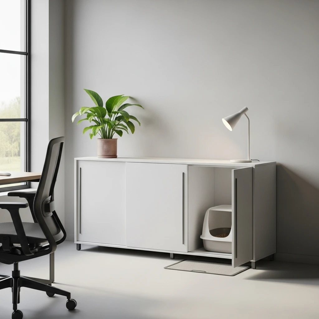  A minimalist litter box solution hidden inside a stylish sideboard cabinet, demonstrating discreet cat care in home design.
