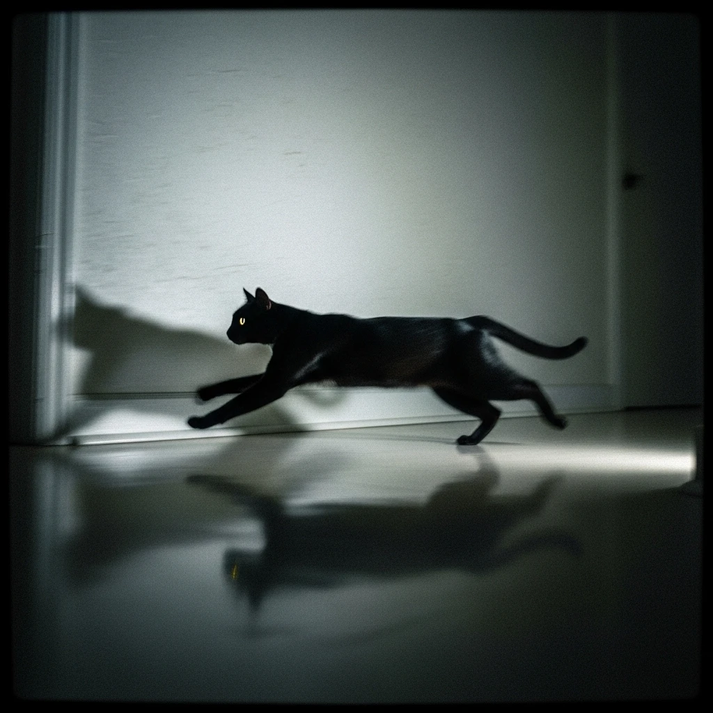 Cat zoomies at night, cat running fast through hallway