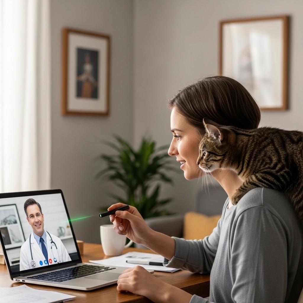 Cat owner having a virtual telehealth consultation with a veterinarian online.