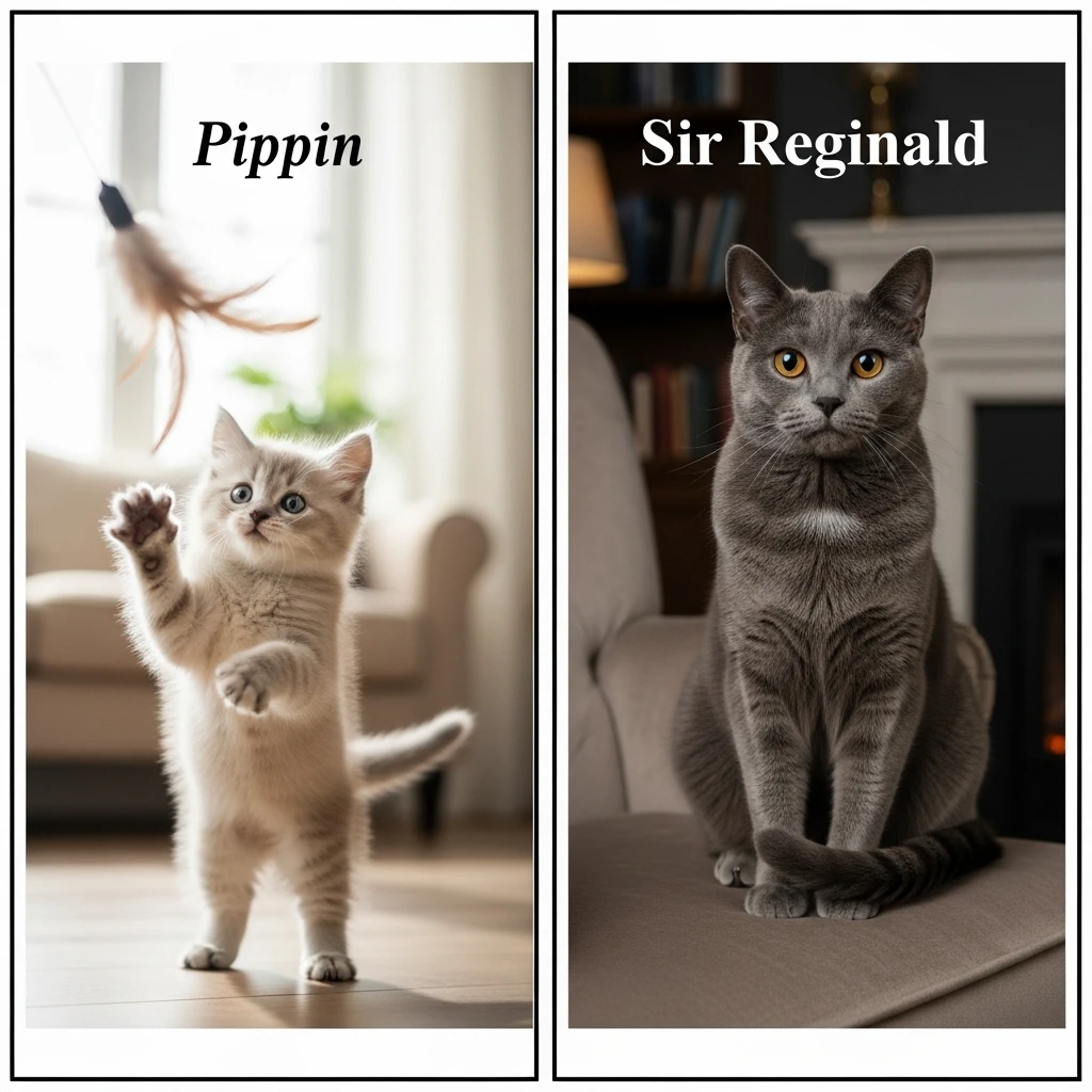 Kitten and adult cat showing how personality evolves, guiding name selection.