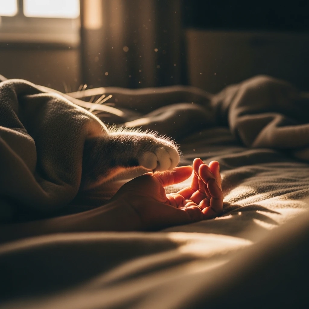 Cat waking owner in morning, paw reaching out, training human behavior