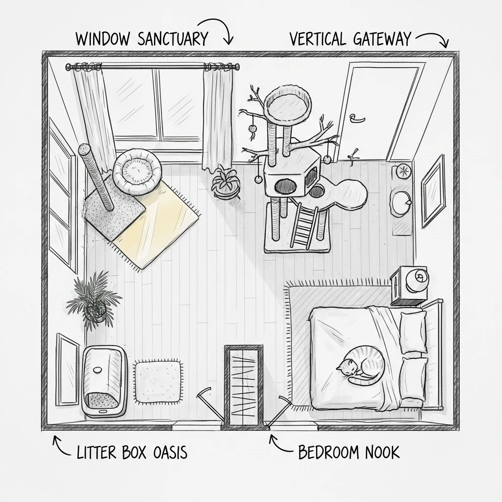 Apartment floor plan demonstrating four potential locations for aesthetic cat corners in a home