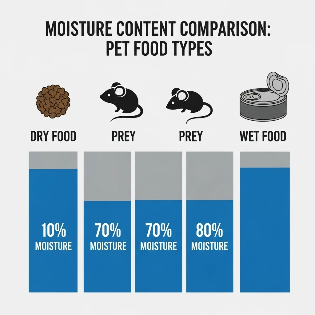 Moisture content comparison showing why wet food better mimics natural feline diet