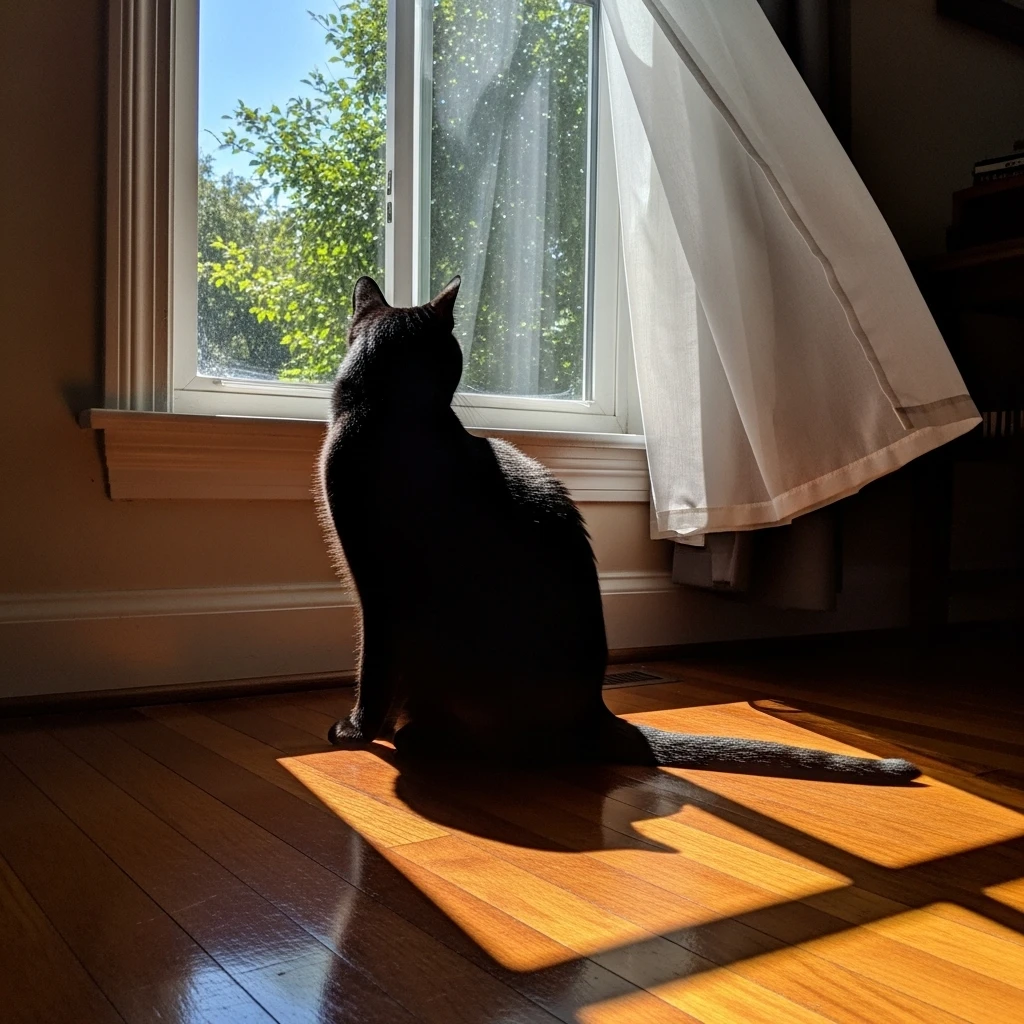 Black cat sitting in sunbeam looking out window