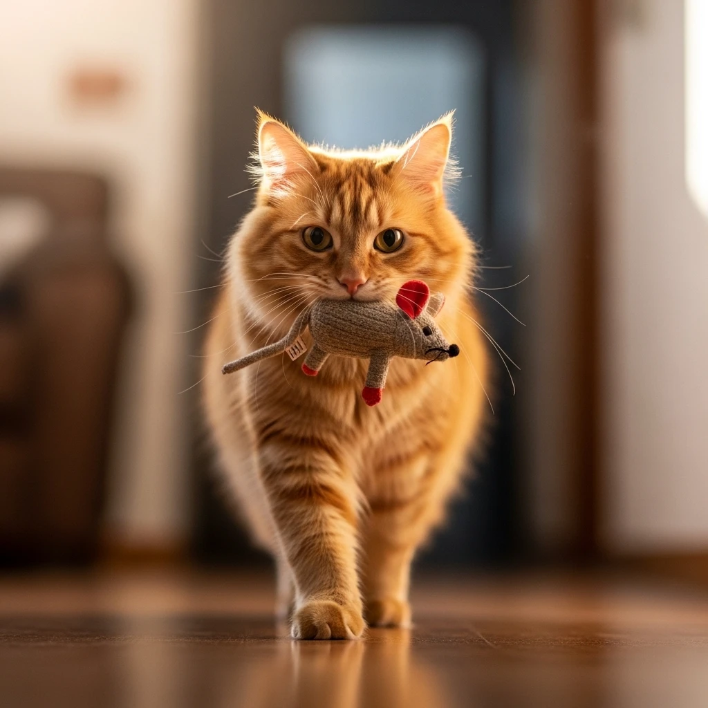  Cat bringing toy gift to owner, proud expression, hunting instinct display