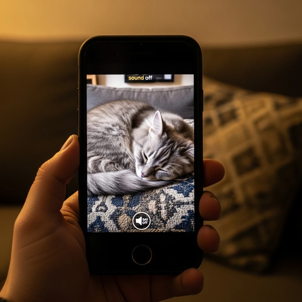 Quietly capturing a moment of a deeply sleeping grey cat using a smartphone on silent mode.