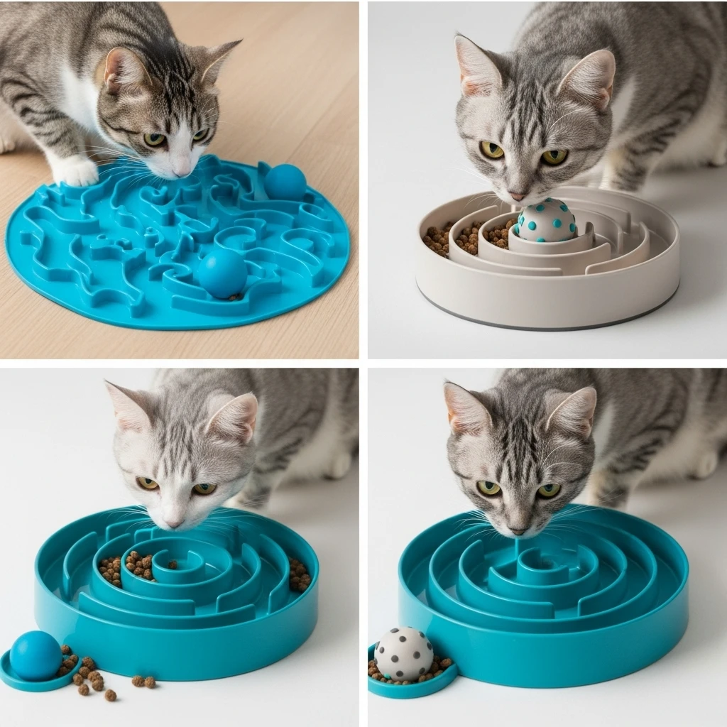 Cats engaged with various slow-feeder designs promoting natural foraging behavior