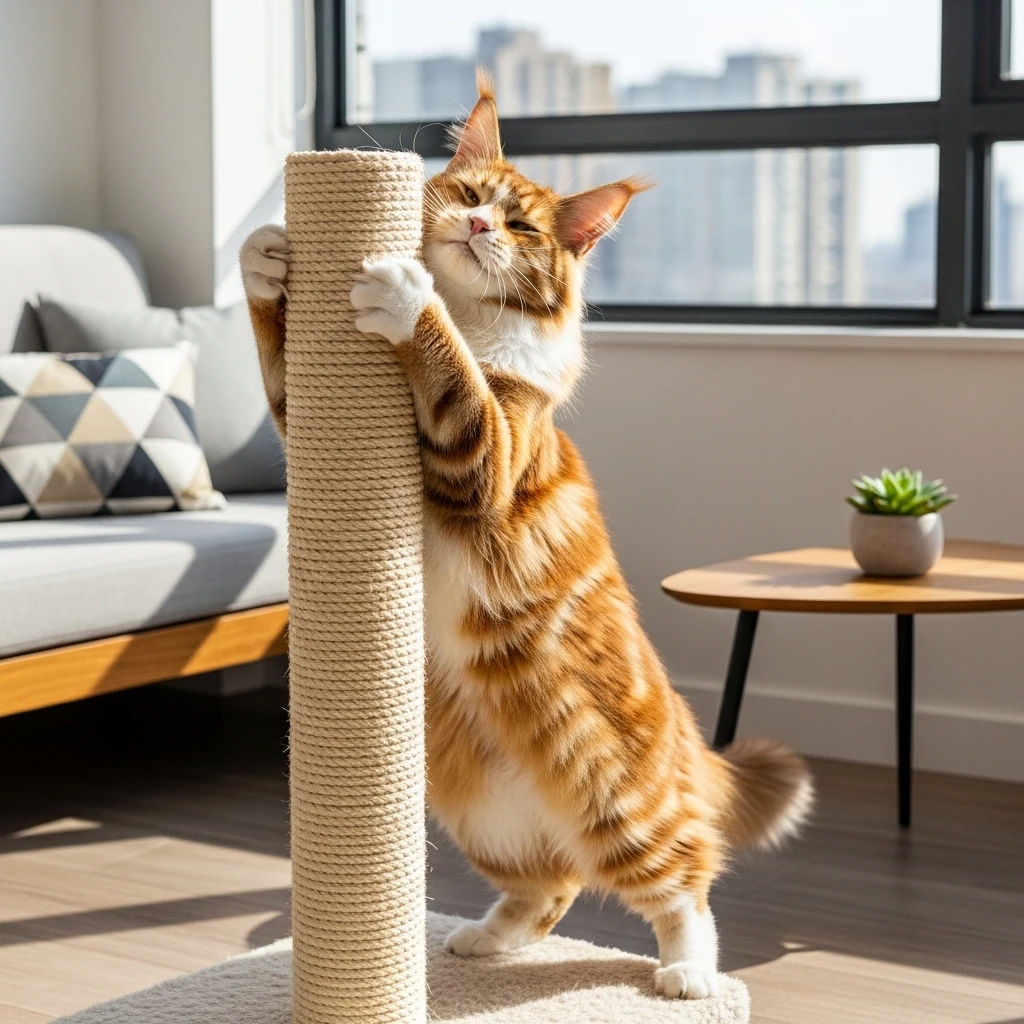 Cat using scratching post appropriately, satisfied expression after scratching