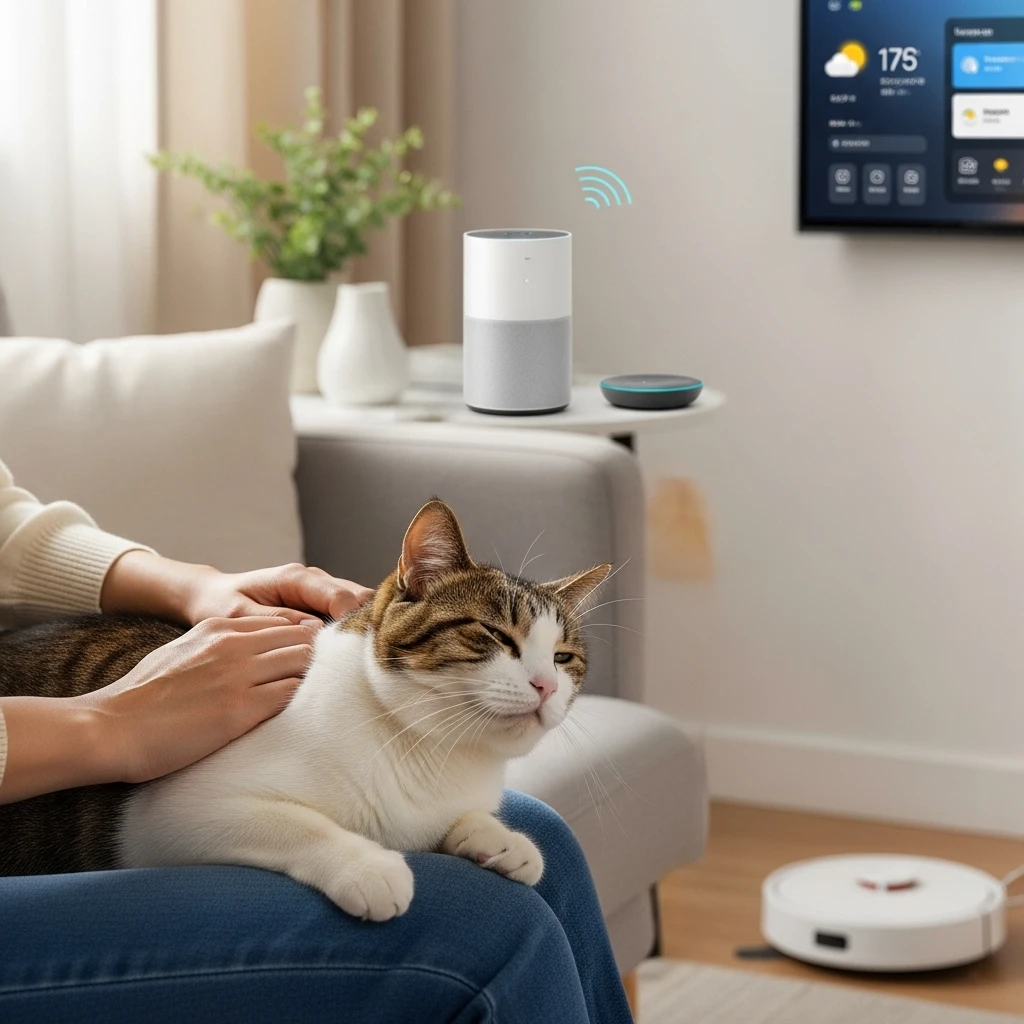 Human and cat sharing affectionate moment in home enhanced with subtle pet care technology.