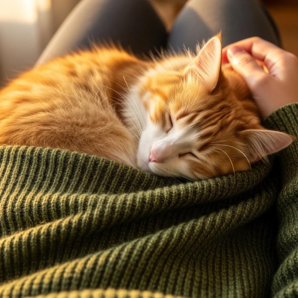 Cat sleeping curled on human lap, complete trust and comfort, peaceful moment