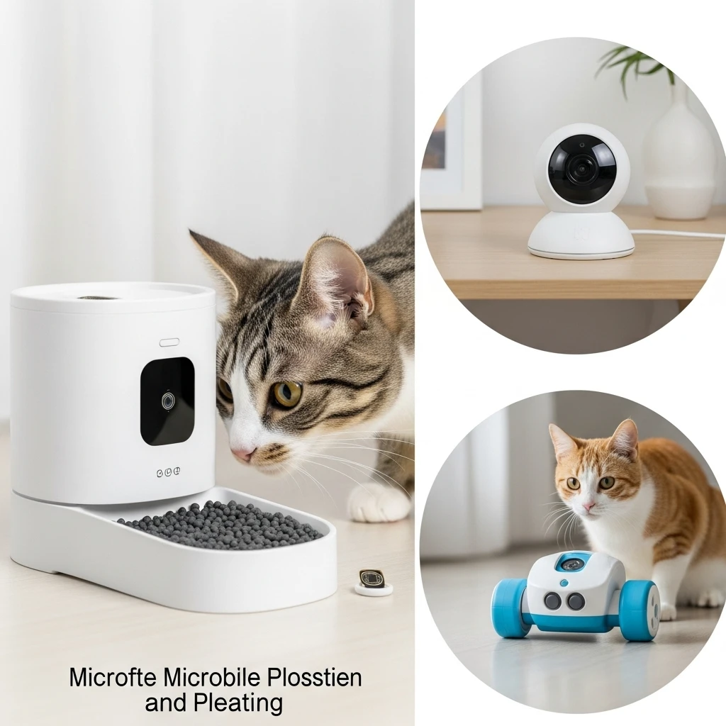 A cat exploring various pet technology devices including an automated feeder and interactive toy.