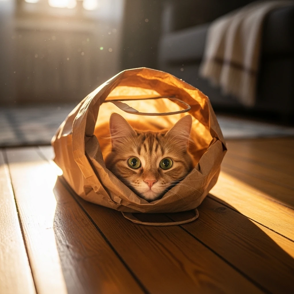 Cat hiding in paper bag, showcasing simple joys of cat companionship