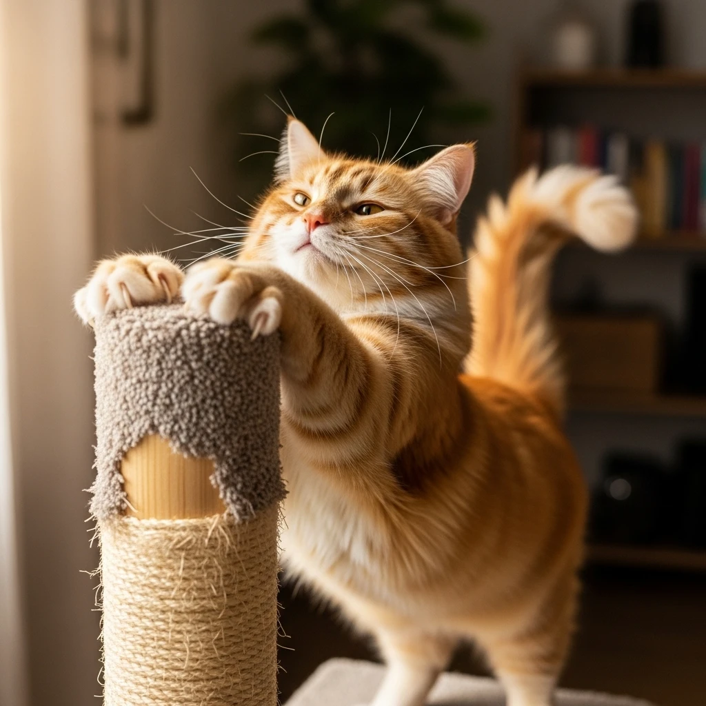 Cat engaging in natural scratching behavior on an appropriate tall sisal post.