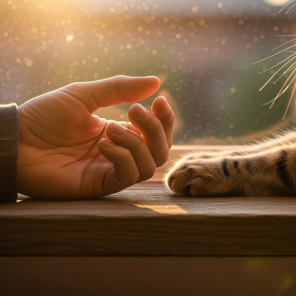 The perfect partnership: a human hand and a cat's paw at rest together, symbolizing harmony when cats match their owner's lifestyle.