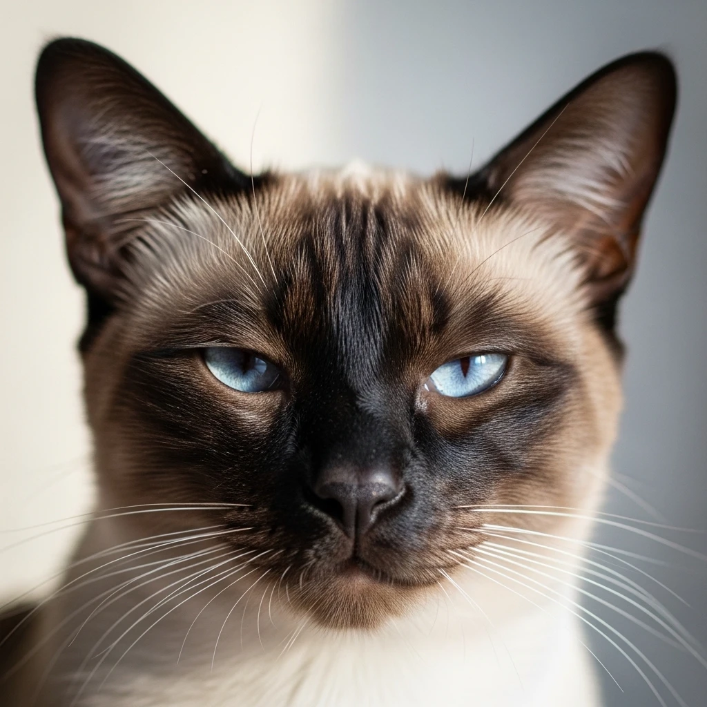 Close-up of relaxed Siamese cat showing soft eyes and neutral ear position, key signs of authentic calm cat moments