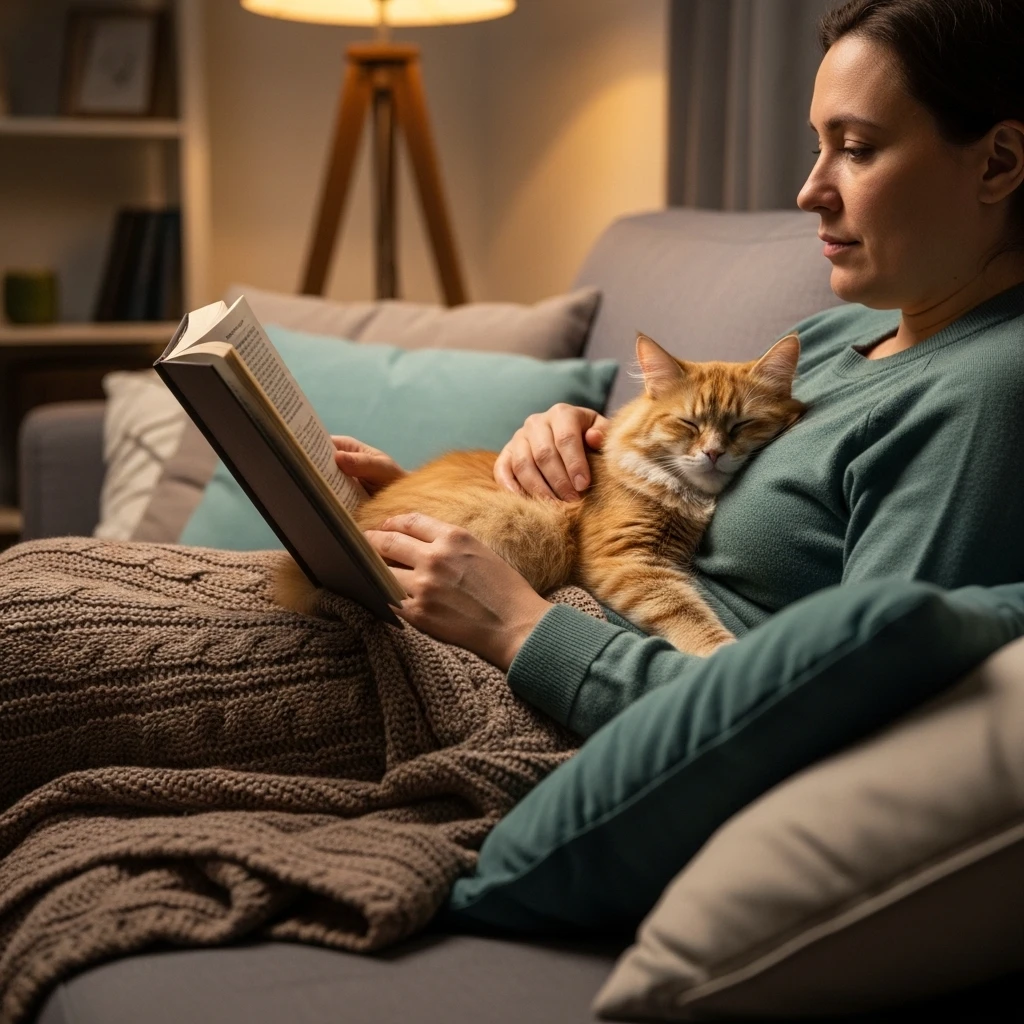 Person reading book with cat sleeping on their chest