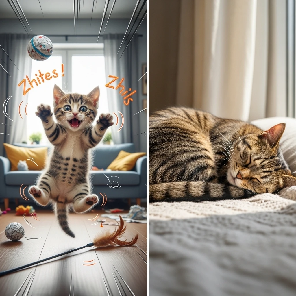 Contrasting images showing a playful kitten versus a calm adult cat, illustrating the development of a serene personality.