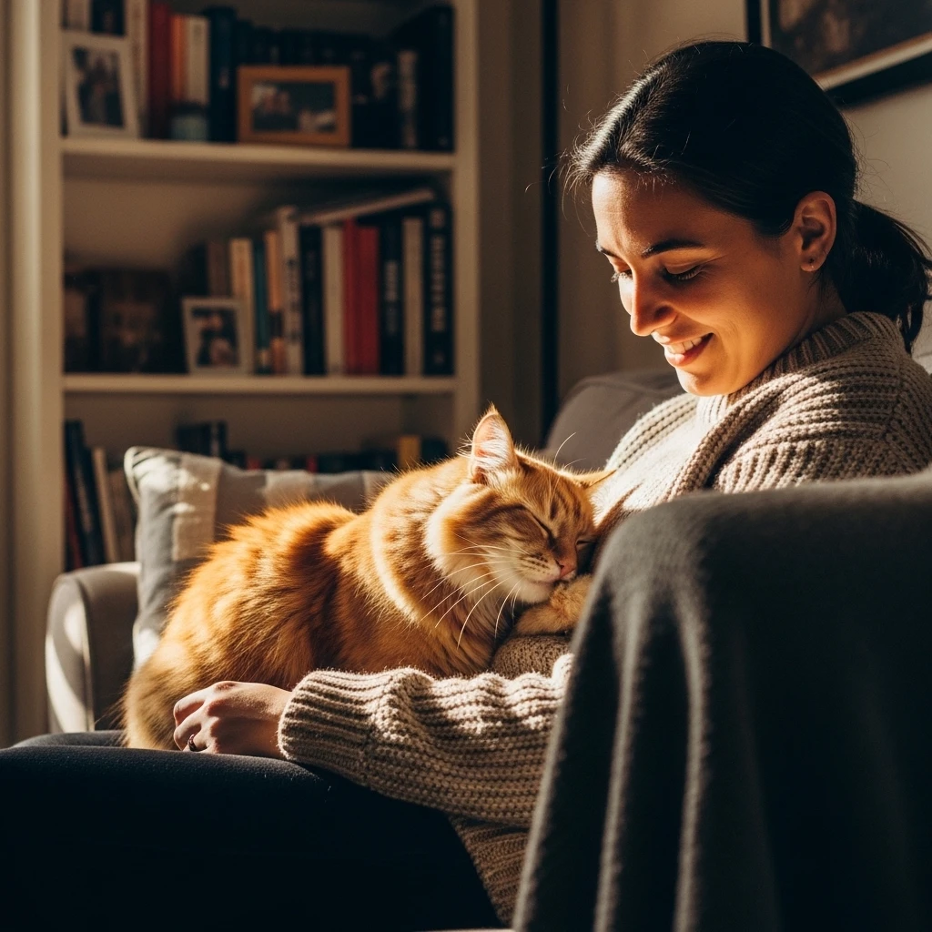 Happy bond between cat and owner, representing the meaningful relationship that a well-chosen name enhances