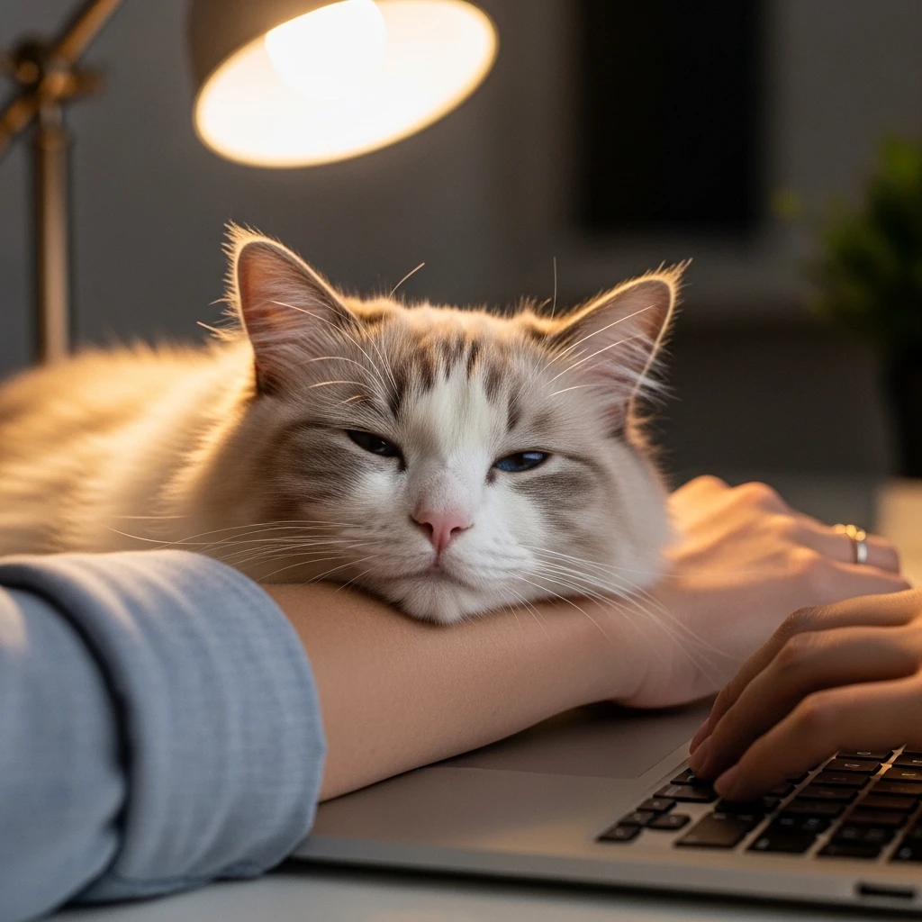  Ragdoll cat resting chin on owner's arm during work, showing trust and calm cat moments that feel therapeutic