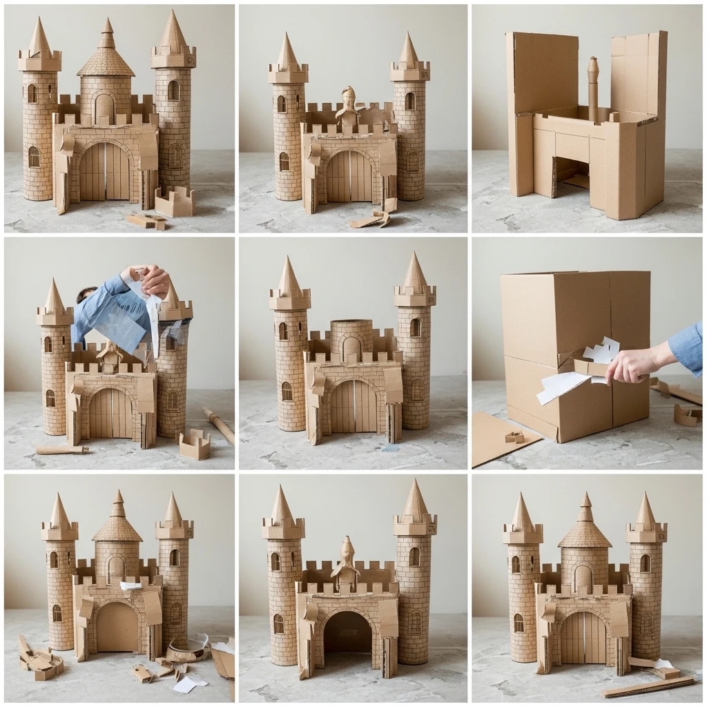 DIY tutorial showing creation of a cardboard castle cozy space that cats love for its enclosure and scratchable texture."
