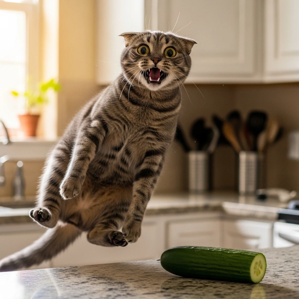 Cat jumping in surprise at cucumber, demonstrating why life with cats is never boring