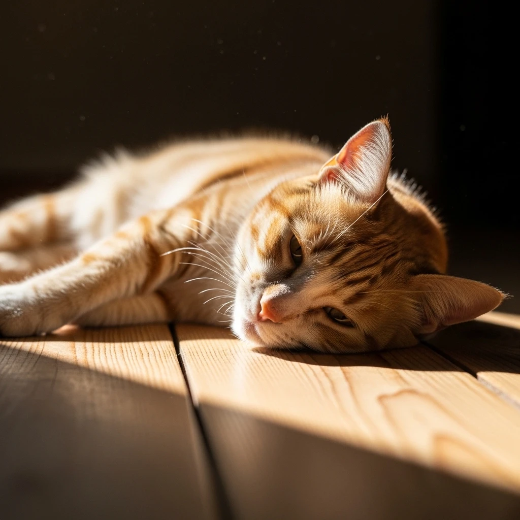 A cat blissfully absorbed in the warmth and light of a sunbeam, peaceful atmosphere." Alt Text: "A cat enjoying a simple pleasure, demonstrating mindful presence.