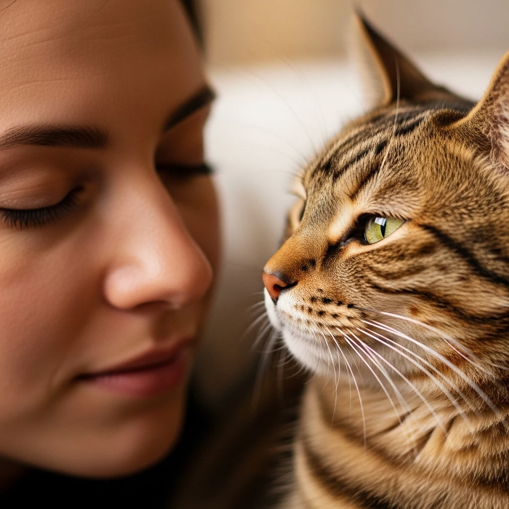 Human and cat sharing a 'slow blink,' a sign of feline trust and affection.