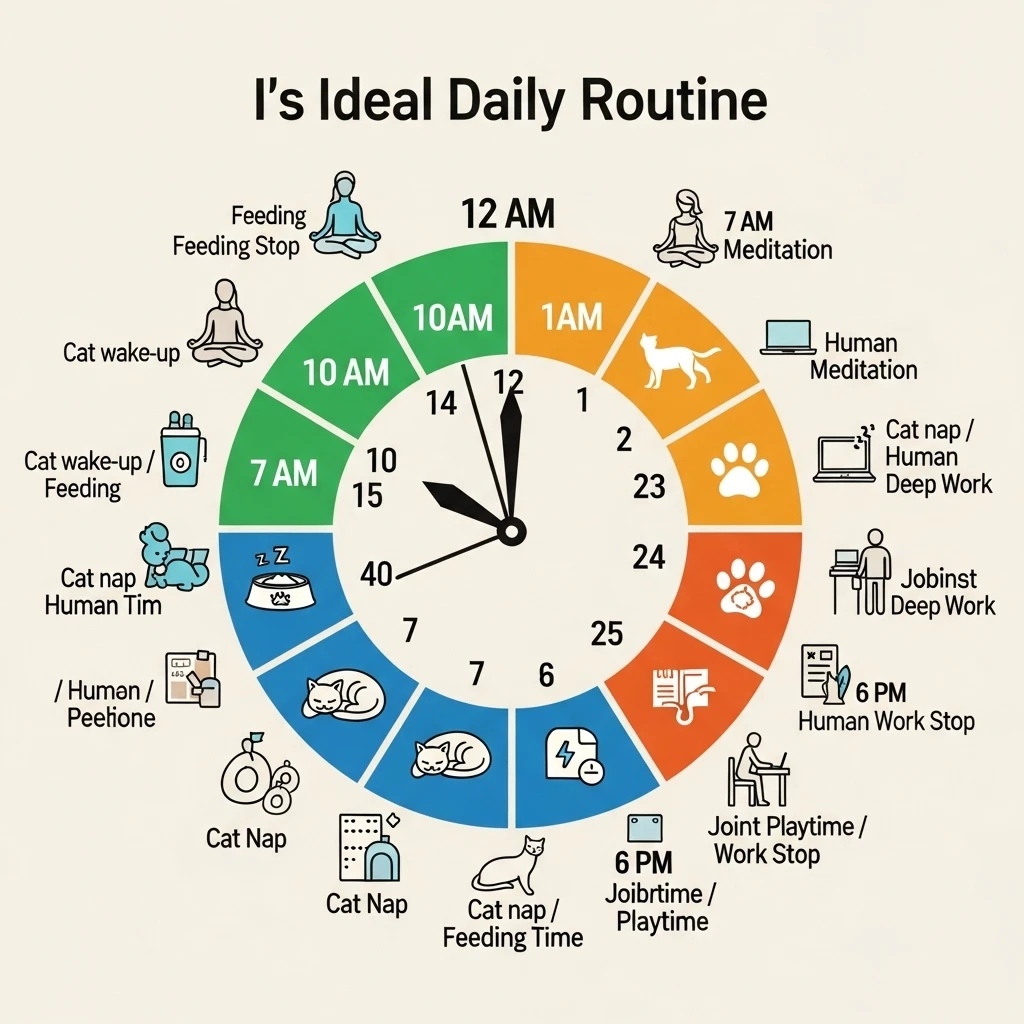 Infographic illustrating the synchronized daily routine of a cat and their owner, creating mutual peace