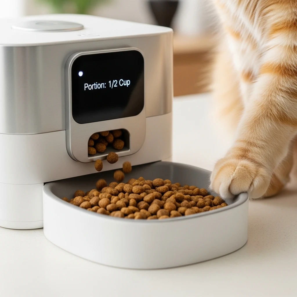  Smart automatic cat feeder dispensing precise portion of food for diet management.